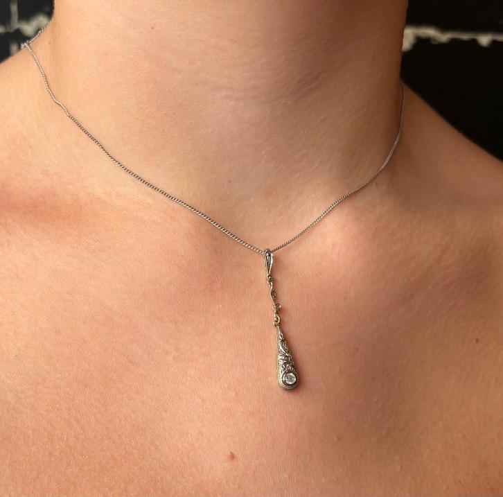 Art Deco diamanten 14k gouden bicolor hanger ketting dames, Sieraden, Tassen en Uiterlijk, Antieke sieraden, Ketting, Goud, Met edelsteen