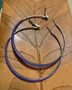 Vintage grote broche paarse zilverkleur oorbellen creolen, Overige materialen, Paars, Ophalen of Verzenden, Hangers