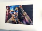 Glasschilderij Vrouw met blauwe wimpers, blauw, goud, Ophalen