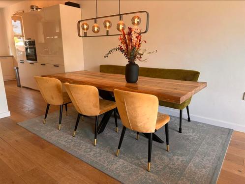 3 schelp eetkamerstoelen okergeel/goud, Huis en Inrichting, Stoelen, Zo goed als nieuw, Drie, Stof, Overige kleuren, Ophalen of Verzenden
