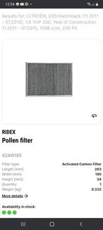 RIDEX Cabin Air Filter (interieurfilter) Citroën ds5, Auto-onderdelen, Airco en Verwarming, Nieuw, Ophalen of Verzenden, Citroën