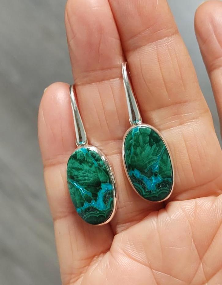 925 zilveren oorbellen met natuurlijke Malachiet Chrysocolla, Sieraden, Tassen en Uiterlijk, Oorbellen, Nieuw, Hangers, Zilver