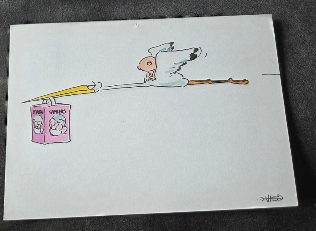 Ooievaar vliegt met baby en pak luiers - Leendert Jan Vis, Verzamelen, Verzenden, 1980 tot heden, Gelopen, Overige thema's