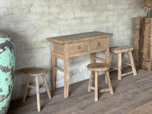 Olmenhout muurtafel - 100 x 40 cm + 83,5 cm / 2 lades, Huis en Inrichting, Tafels | Bijzettafels, Nieuw, Rechthoekig, 60 cm of meer