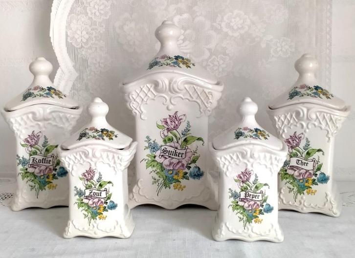 Kleurrijke Delft voorraadpotten/ kruidenpotten 5 stuks, Antiek en Kunst, Curiosa en Brocante, Ophalen of Verzenden