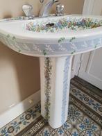Wastafel op zuil met bloemen lichtblauwe decorrand 57x44x81