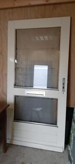 deur zwaar massief hout met 2 glazen ramen, 80 tot 100 cm, Gebruikt, Glas, Ophalen