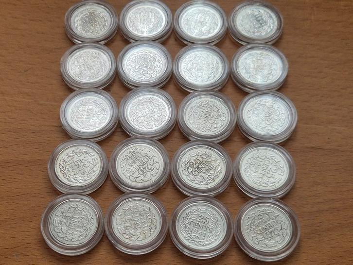 Gulden tijdperk: 20 x Wilhelmina Kwartje. Zilver; 45 gram!, Postzegels en Munten, Munten | Nederland, Setje, 25 cent, Koningin Wilhelmina