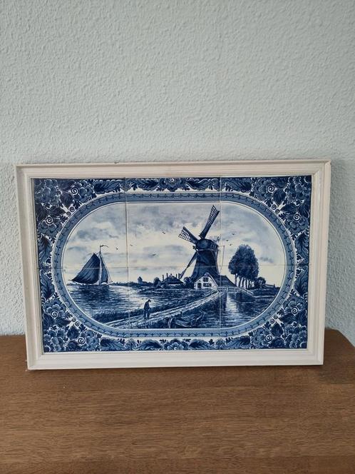 Delfts Blauw Tegeltableau met Molen en Zeilboot, Antiek en Kunst, Antiek | Wandborden en Tegels, Ophalen