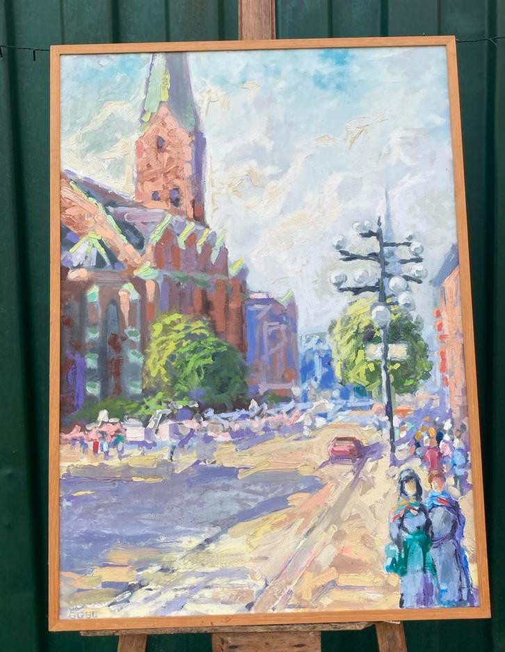 Dorpsgezicht 20e  eeuw olieverf op doek, Antiek en Kunst, Kunst | Schilderijen | Klassiek, Ophalen