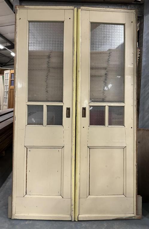 Set schuif / en-suite deuren met geëtst glas 196x114cm., Antiek en Kunst, Curiosa en Brocante, Ophalen