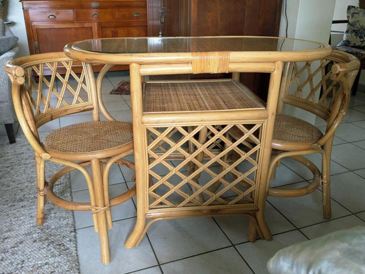 Prachtige Vintage Rotan Dinette / bistro set, Huis en Inrichting, Tafels | Sidetables, Zo goed als nieuw, 25 tot 50 cm, 100 tot 150 cm