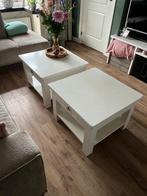 2 witte zware teakhouten tafeltjes, Ophalen, Gebruikt, 50 tot 100 cm, 50 tot 100 cm