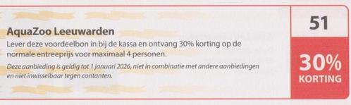 AquaZoo Leeuwarden. 30% korting. Postcodeloterij bon nr 51., Tickets en Kaartjes, Recreatie | Dierentuinen, Drie personen of meer