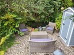 Mooie wicker tuinset, tuinbank, tuinstoel, grijze kussens, Tuin en Terras, Tuinsets en Loungesets, Ophalen, Zo goed als nieuw