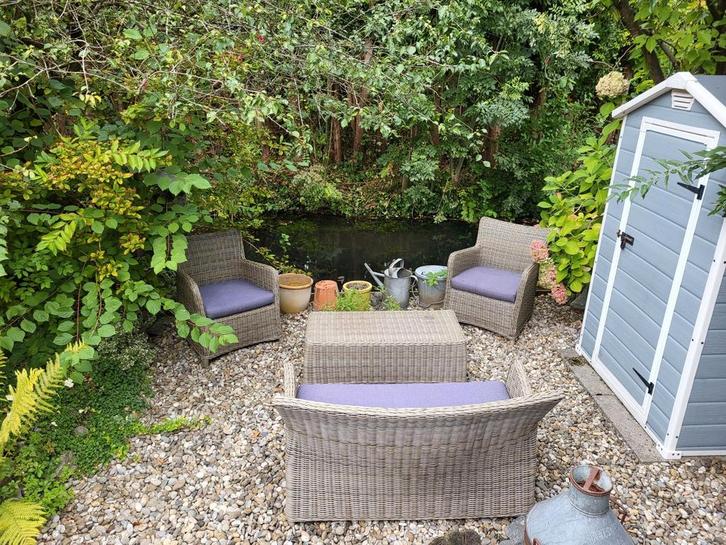 Mooie wicker tuinset, tuinbank, tuinstoel, grijze kussens, Tuin en Terras, Tuinsets en Loungesets, Zo goed als nieuw, Wicker, Bank