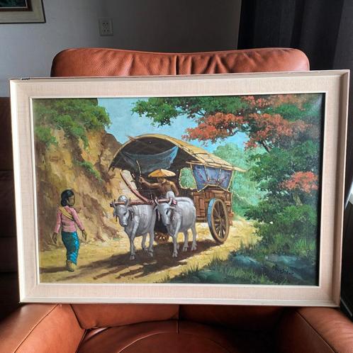 Bali, Indonesië, olieverf op doek,  klassiek bali tafereel, Antiek en Kunst, Kunst | Schilderijen | Klassiek, Ophalen of Verzenden