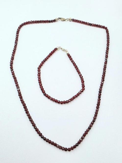 Zilveren Ketting & Armband met Granaat Steentjes, Sieraden, Tassen en Uiterlijk, Kettingen, Zo goed als nieuw, Zilver, Zilver