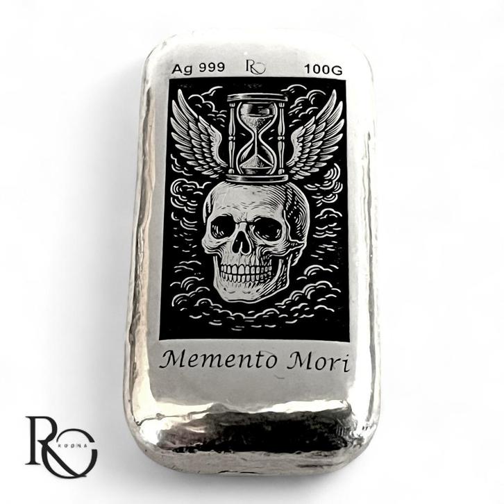 Memento Mori zilverbaar 100g  Mystieke Symbolen Serie, Postzegels en Munten, Edelmetalen en Baren, Zilver, Ophalen of Verzenden