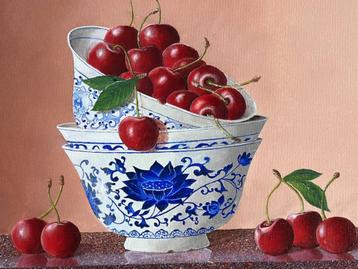 Ben Oude Breuil, stilleven Chinese kommen met kersen beschikbaar voor biedingen