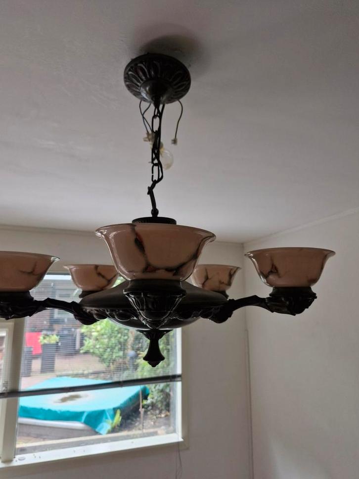 Art Deco Bronzen Hanglamp, Huis en Inrichting, Lampen | Kroonluchters, Gebruikt, Glas, Metaal, Ophalen of Verzenden