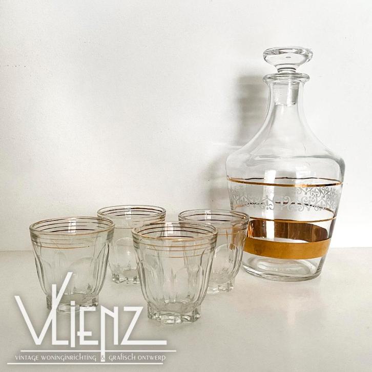 Vintage, retro, glazen karaf met borrelglaasjes shotglaasjes, Verzamelen, Glas en Borrelglaasjes, Gebruikt, Borrel- of Shotglas