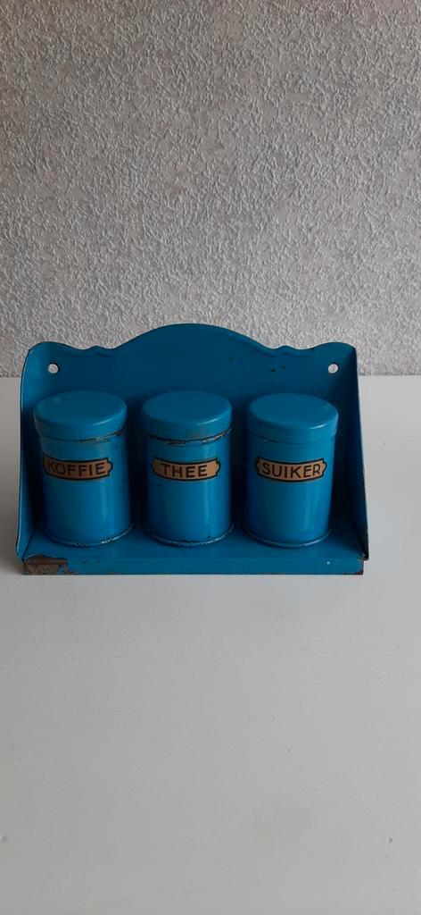 Antiek blikken keukenrekje koffie thee suiker, poppenhuis, Verzamelen, Speelgoed, Gebruikt, Ophalen of Verzenden