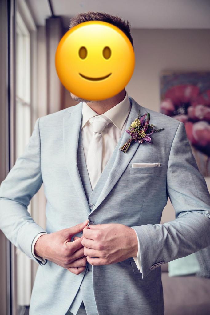 Trouwpak licht blauw maat 54, Kleding | Heren, Trouwkleding en Trouwaccessoires, Zo goed als nieuw, Trouwpak, Overige kleuren