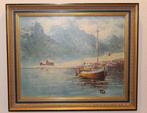 Schilderij - bootje in fjord - olieverf, Ophalen of Verzenden