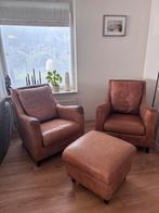 Twee Leren fauteuils stoelen + hocker van lederland, Ophalen, Gebruikt, 75 tot 100 cm, Leer