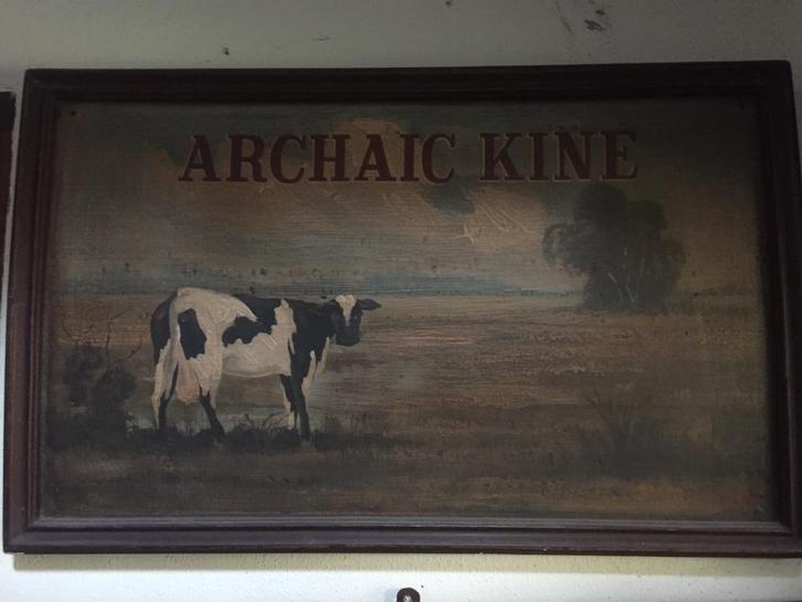 Oude slagerij wanddecoratie koe geschilderd op paneel, Antiek en Kunst, Kunst | Schilderijen | Klassiek, Ophalen of Verzenden