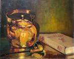 Mooi schilderij stilleven met koperen ketel en boek, Antiek en Kunst, Ophalen of Verzenden