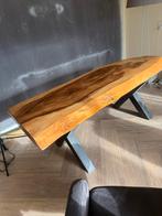 Unieke boomstam tafel met stalen onderstel, Teakhout, 200 cm of meer, Zo goed als nieuw, Rechthoekig