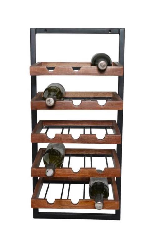 WIJNREKKEN. Industrieel metaal met Acasia hout. 25,- per st., Huis en Inrichting, Woonaccessoires | Wijnrekken, Nieuw, Minder dan 50 cm