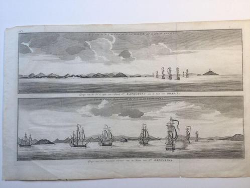 Schipbreuk de Wager, lot (2) Brazilië, St Catharina, 1741, Antiek en Kunst, Kunst | Etsen en Gravures, Verzenden