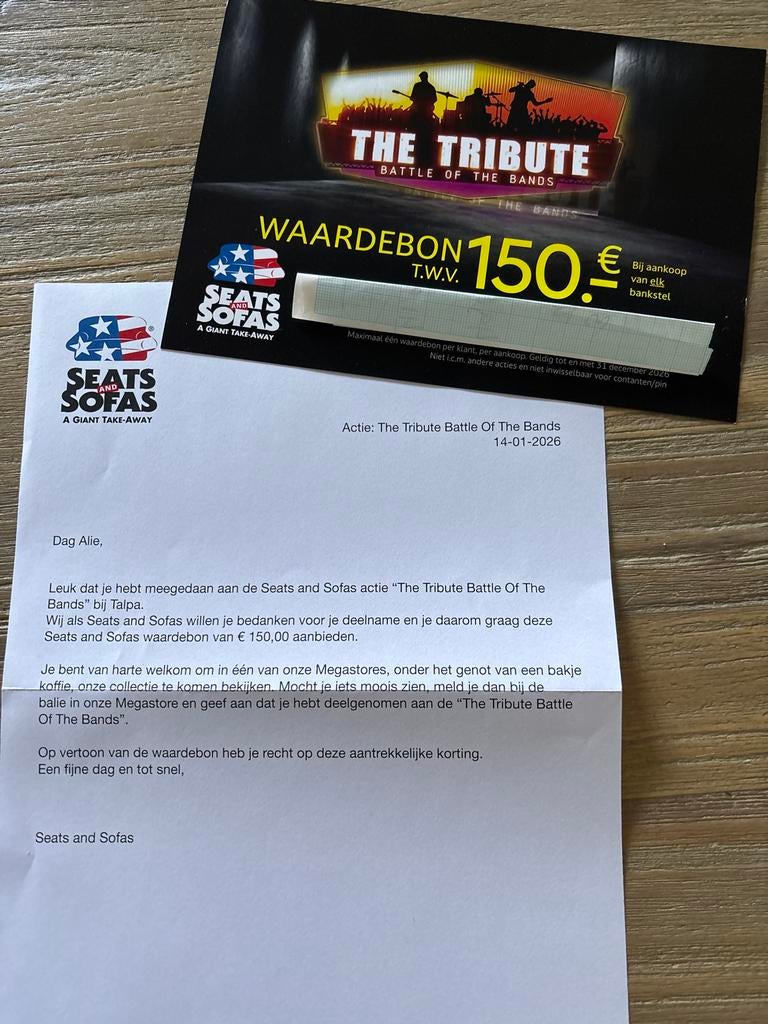 Waardebon t.w.v. 150,00 euro. Van Seats and Sofas, Eén persoon, Cadeaubon