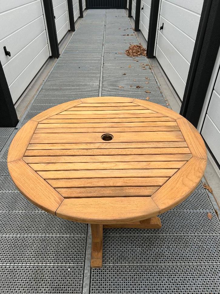 Robuuste teakhouten tuintafel van Teak & Garden / 100 cm, Tuin en Terras, Tuintafels, Gebruikt, Rond, Teakhout, Ophalen