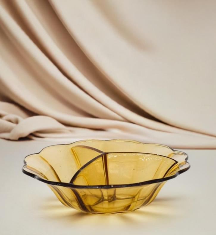 Vintage Split Glass Kom – Amber Geel – Jaren 1950, Huis en Inrichting, Keuken | Servies, Gebruikt, Kom(men), Overige stijlen, Glas
