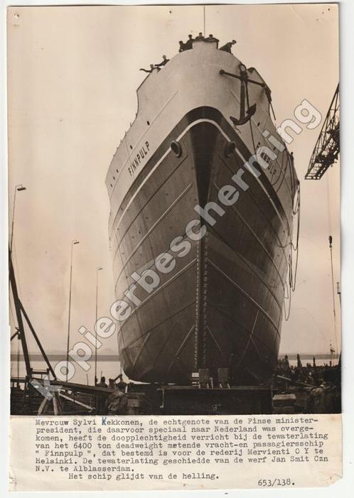 Tewaterlating Finnpulp werf Jan Smit Czn NV Alblasserdam '53, Verzamelen, Scheepvaart, Gebruikt, Kaart, Foto of Prent, Motorboot