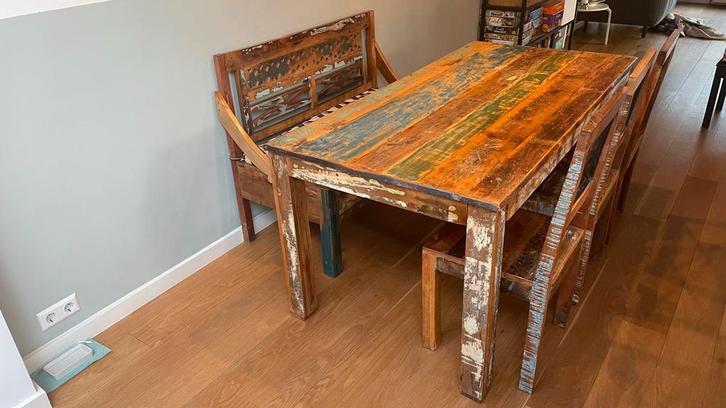 Mangohouten Eetkamerset - Tafel & Stoelen, Huis en Inrichting, Complete eetkamers, Gebruikt, 4 tot 6 stoelen, Ophalen