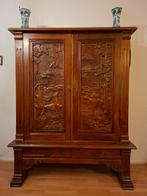 Antieke chinese servieskast met houtsnijwerk, Antiek en Kunst, Ophalen