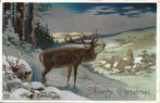 Antiek*Kerst*Goudopdruk*Hert*Dorp*Bergen*Sneeuw*Brocante, Ophalen of Verzenden, Voor 1920, Gelopen, Feest(dag)