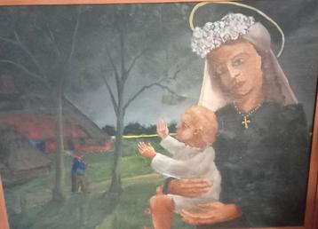 Groot schilderij met Maria- Jan van Riel  ( 1907- 1988 ). beschikbaar voor biedingen