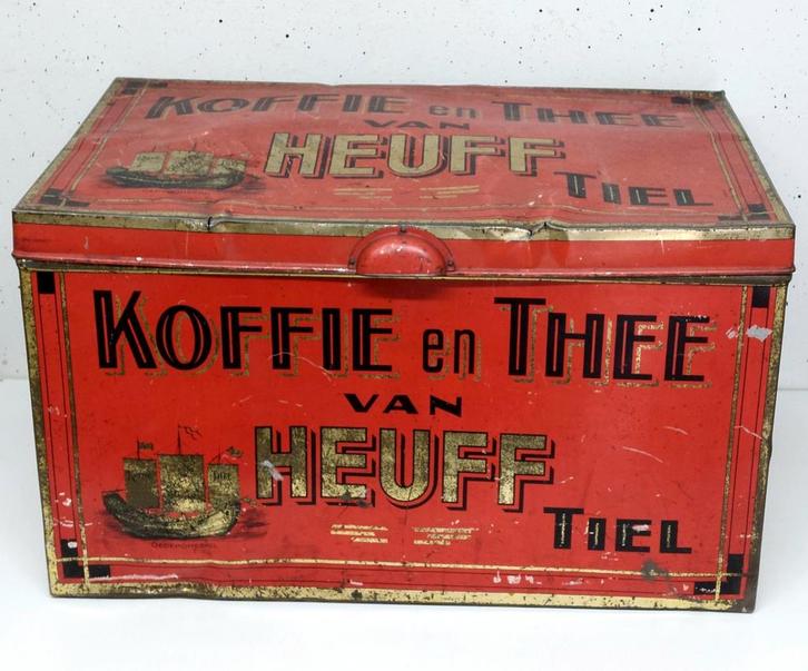 Antiek Heuff Tiel Koffie en Thee Winkelblik reclame blik, Verzamelen, Blikken, Gebruikt, Verzenden