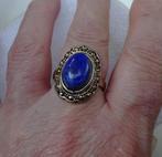 Goudkleurige ring schildje met Faux blauwe steen, Gebruikt, 17 tot 18, Dame, Goud