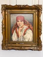 Schilderij vrouw met rode sjaal/hoofddoek KV Mayr Oostenrijk, Antiek en Kunst, Kunst | Schilderijen | Klassiek, Ophalen of Verzenden