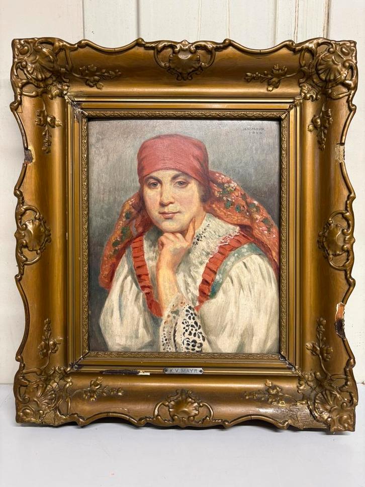 Schilderij vrouw met rode sjaal/hoofddoek KV Mayr Oostenrijk, Antiek en Kunst, Kunst | Schilderijen | Klassiek, Ophalen of Verzenden