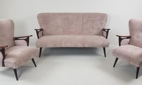 Vintage roze bankje ribstof teak bank lichtroze rib, Verzamelen, Retro, Huis en Inrichting, Ophalen of Verzenden