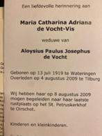 de Vocht - Vis 1919 Wateringen 2009 Tilburg / Oirschot, Verzamelen, Bidprentjes en Rouwkaarten, Ophalen of Verzenden