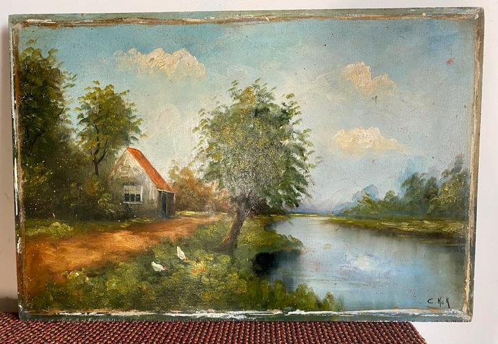 Idyllisch huisje aan het water, Antiek en Kunst, Kunst | Schilderijen | Klassiek, Ophalen of Verzenden